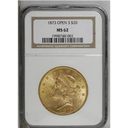 1873 $20 Open 3 MS62 NGC. Potent luster sweeps this we 