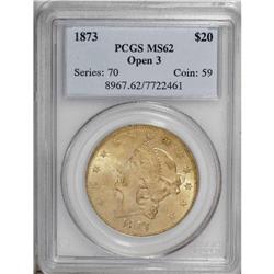1873 $20 Open 3 MS62 PCGS. This honey-orange example h 