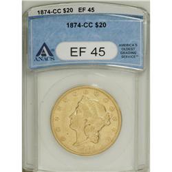 1874-CC $20 XF45 ANACS. A lightly worn Choice XF piece 