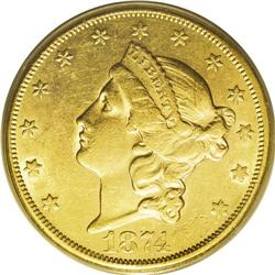 1874-CC $20 AU55 PCGS. 