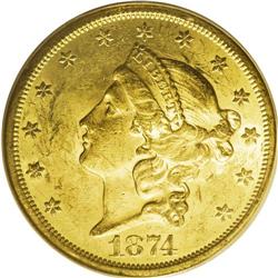 1874-S $20 MS61 PCGS. A frosty Mint State example with 