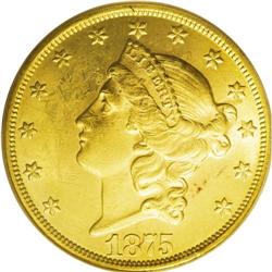 1875 $20 MS62 PCGS. This frosty Mint State piece has b 
