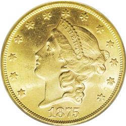 1875-CC $20 MS61 ANACS. A lustrous yellow-gold CC-mint 