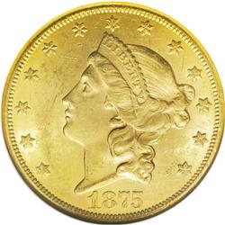 1875-CC $20 MS61 NGC. Apricot-gold surfaces display ge 