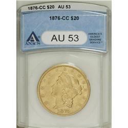 1876-CC $20 AU53 ANACS. Apricot-gold surfaces display 