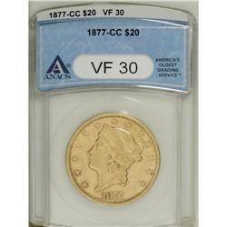 1877-CC $20 VF30 ANACS. Bright peach-gold surfaces are 