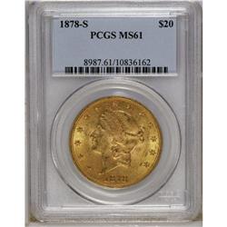 1878-S $20 MS61 PCGS. Softly lustrous with green coppe 