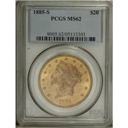 1885-S $20 MS62 PCGS. A highly lustrous peach-gold pie 