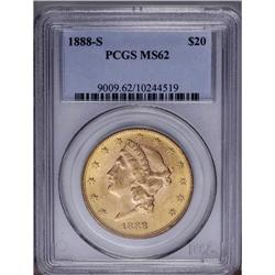 1888-S $20 MS62 PCGS. A largely straw-gold piece, ligh 
