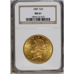 1889 $20 MS61 NGC. A highly lustrous yellow-gold piece 