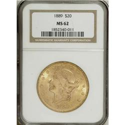 1889 $20 MS62 NGC. The orange-gold surfaces are satiny 