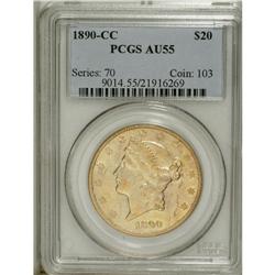 1890-CC $20 AU55 PCGS. Variety 1-A. Boldly defined wit 