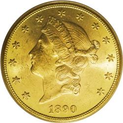 1890-S $20 MS63 PCGS. A splendid double eagle with bri 