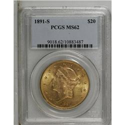 1891-S $20 MS62 PCGS. A pleasing honey-gold example th 