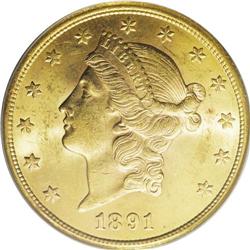 1891-S $20 MS63 PCGS. Well struck aside from minor wea 