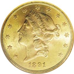1891-S $20 MS63 NGC. Rich luster invigorates the nicel 