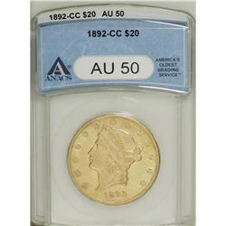 1892-CC $20 AU50 ANACS. An attractive yellow-gold exam 