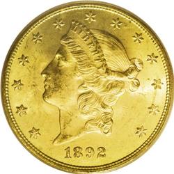 1892-S $20 MS64 PCGS. This fully lustrous near-Gem has 