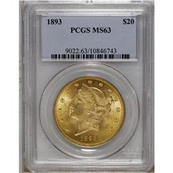 1893 $20 MS63 PCGS. A nicely struck butter-yellow exam 