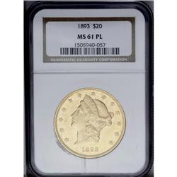 1893 $20 MS61 Prooflike NGC. Sharply impressed, frosty 