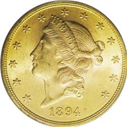 1894 $20 MS64 PCGS. Lovely lime-gold and rose patina a 