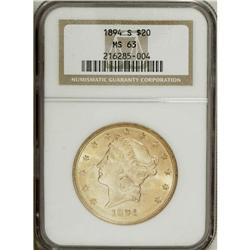 1894-S $20 MS63 NGC. The yellow-gold surfaces pale on 