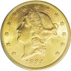 1894-S $20 MS64 PCGS. Bright and satiny, with rose-gol 