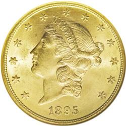 1895 $20 MS64 NGC. This lovely near-Gem has khaki-gold 