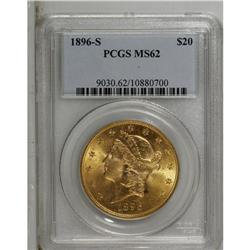 1896-S $20 MS62 PCGS. A highly lustrous yellow-orange 