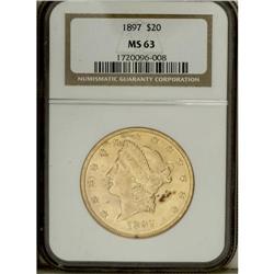 1897 $20 MS63 NGC. The yellow-gold surfaces of this so 