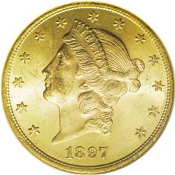 1897 $20 MS64 NGC. Peach interiors are bounded by yell 