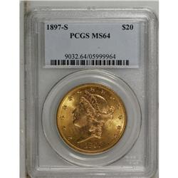 1897-S $20 MS64 PCGS. A crisply struck yellow-orange p 