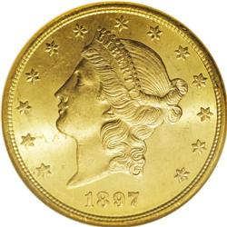 1897-S $20 MS64 NGC. Like most of its San Francisco co 