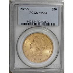 1897-S $20 MS64 PCGS. The brassy surfaces of this robu 