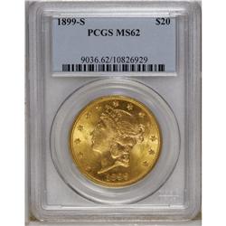 1899-S $20 MS62 PCGS. A maize-yellow piece with wheat 