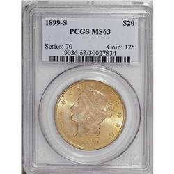 1899-S $20 MS63 PCGS. This yellow-orange piece has vib 