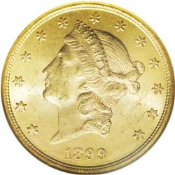 1899-S $20 MS64 NGC. This boldly impressed and lustrou 