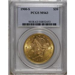 1900-S $20 MS63 PCGS. A solidly struck yellow-gold pie 