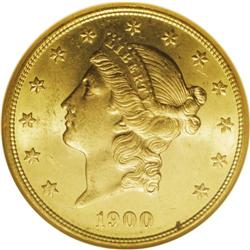 1900-S $20 MS64 NGC. Sharply struck throughout, save o 