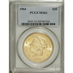 1904 $20 MS63 PCGS. Select and solidly struck with lov 