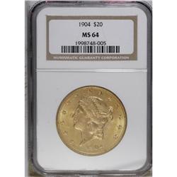 1904 $20 MS64 NGC. A nicely struck near-Gem that has f 