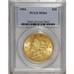 1904 $20 MS64 PCGS. A highly lustrous near-Gem from th 