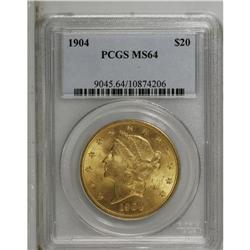 1904 $20 MS64 PCGS. A pleasing yellow-orange example, 