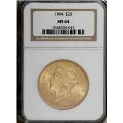 1904 $20 MS64 NGC. Solidly struck and minimally marked 