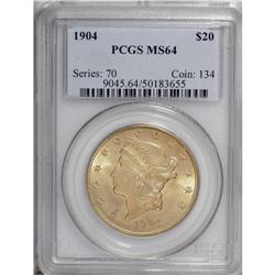 1904 $20 MS64 PCGS. Nicely struck with a rather satiny 
