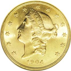 1904 $20 MS65 NGC. Exceptional mint luster characteriz 