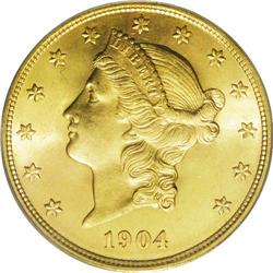 1904 $20 MS65 PCGS. A beautiful apricot-gold Gem with 