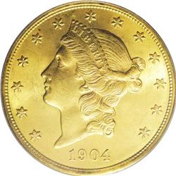 1904 $20 MS65 PCGS. Boldly struck with shimmering lust 