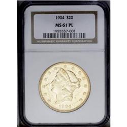 1904 $20 MS61 Prooflike NGC. Well struck, with both si 