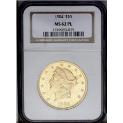 1904 $20 MS62 Prooflike NGC. A sharp strike emboldens 